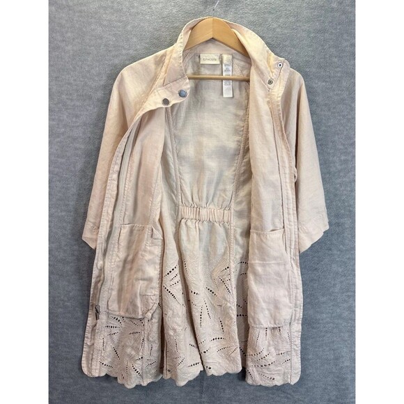 Chicos Linen Zip Up Jacket M Pink Eyelet 3/4 Sleeve Tunic Pockets Lagenlook‎ - Picture 16 of 16